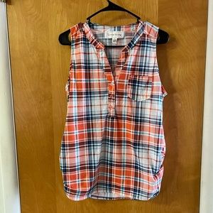 Women’s Sleeveless Orange Plaid Shirt, Size XL